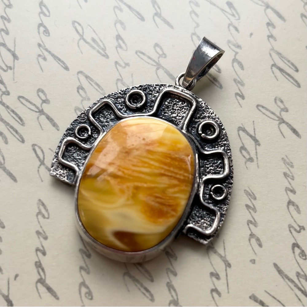 Large Tribal 925 Sterling Silver Yellow Butter Amber Pendant